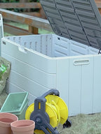 Outdoor pool storage box, waterproof resin material, lockable, suitable for storing outdoor gardening tools.