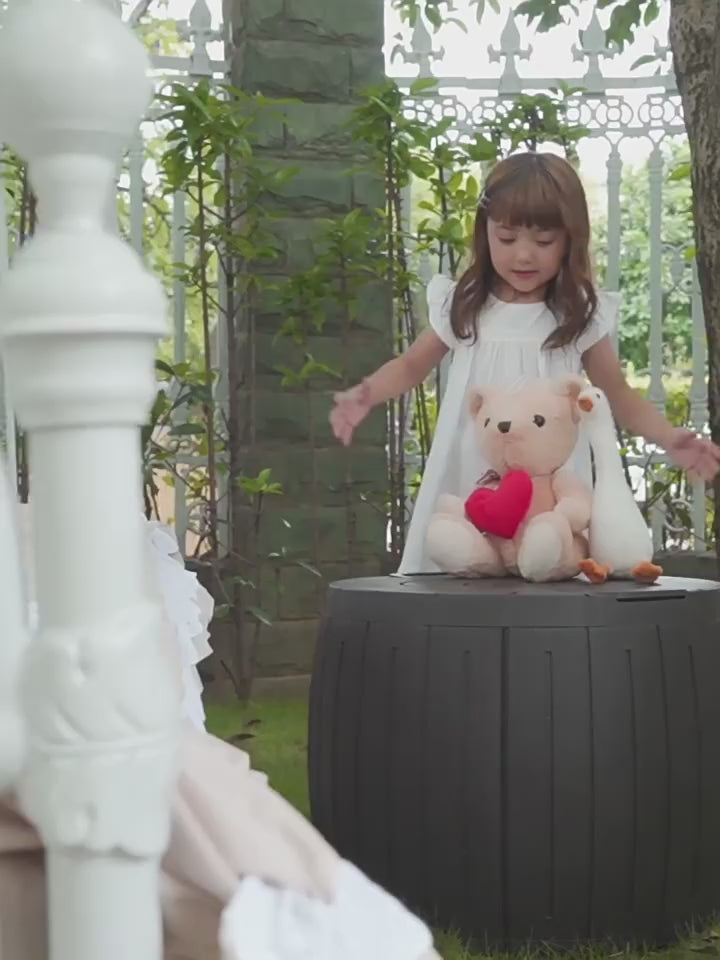 ADDOK 33 Gallon Round Deck Box, Outside Storage Box Waterproof, Outdoor Storage Bench for Cushions, Garden Tools,Brown